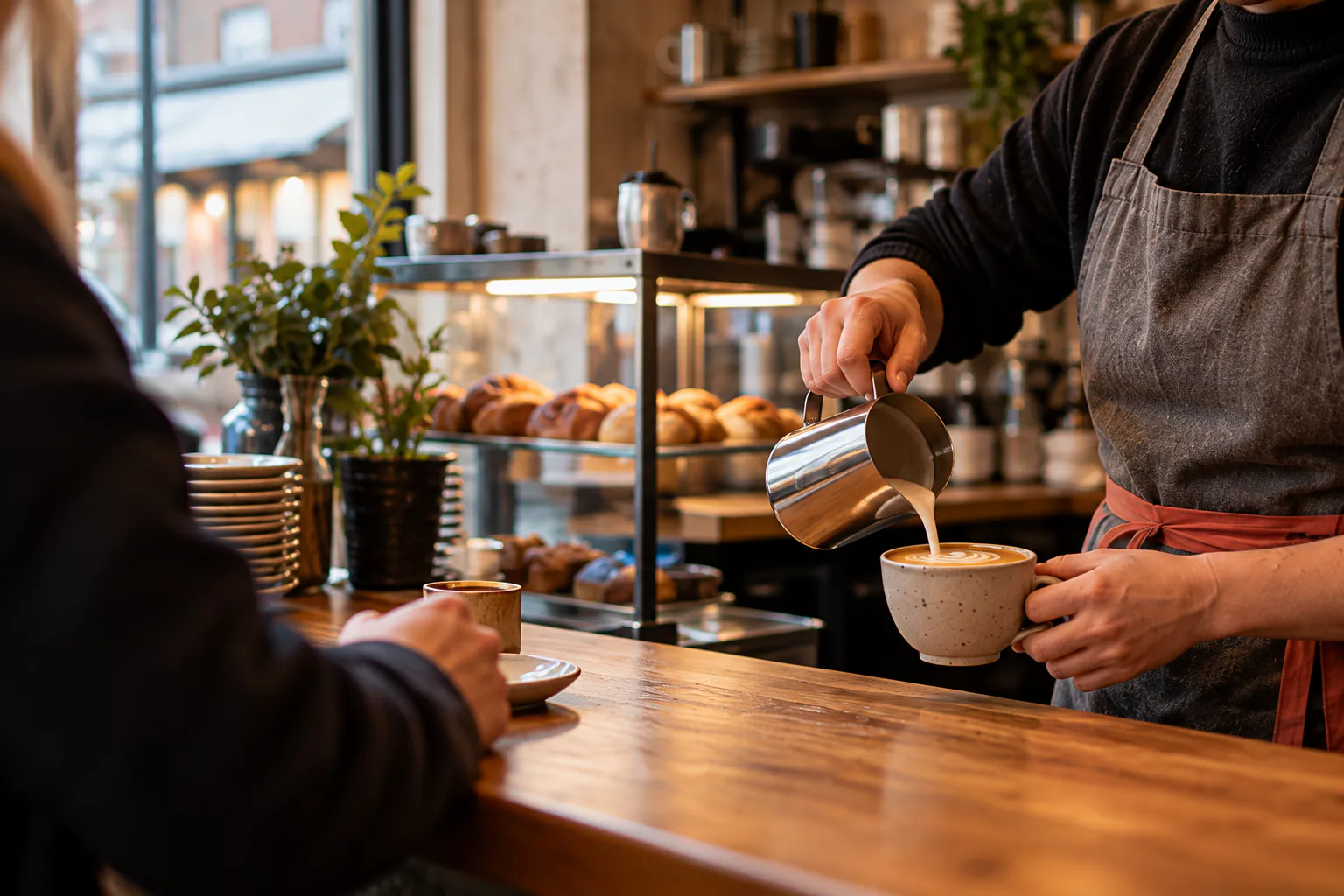 A barista pouring a flat white at a café counter