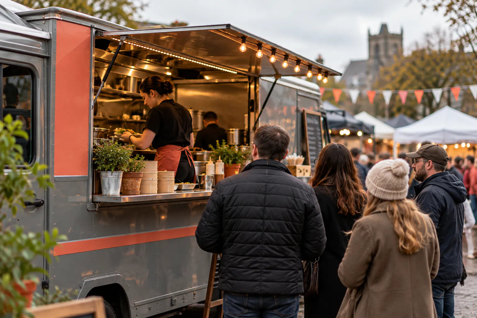 A food truck with its hatch open at a market, a short queue waiting
