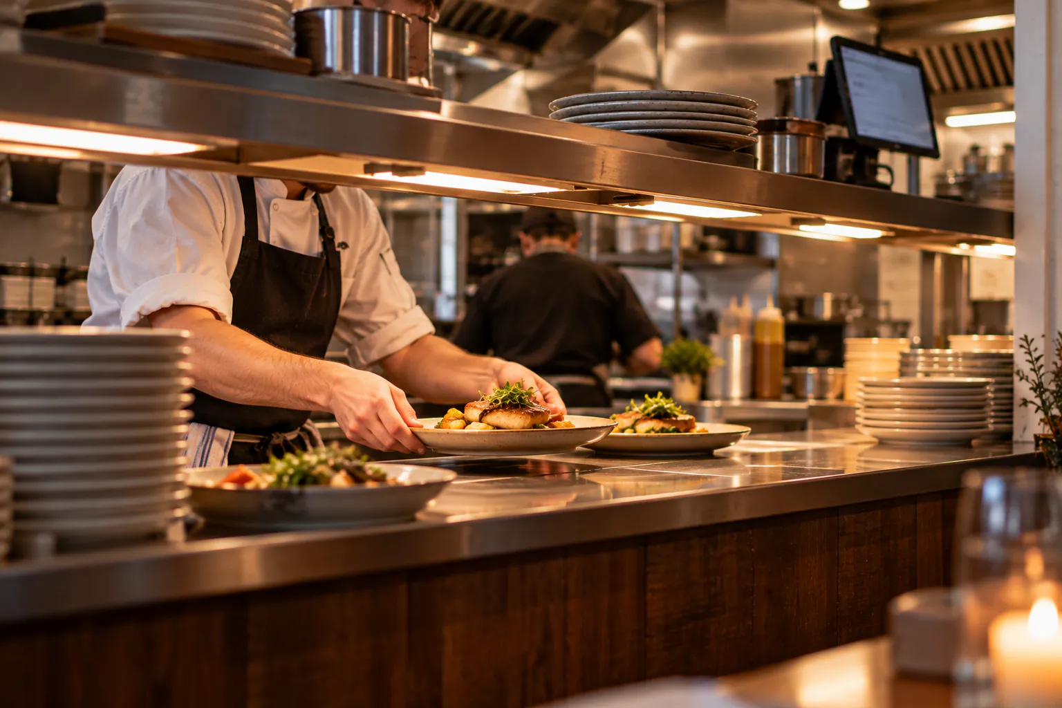 A chef setting plates down on the pass of a small restaurant kitchen
