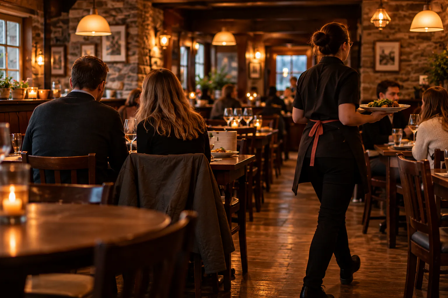 A server carrying plates through a busy pub dining room