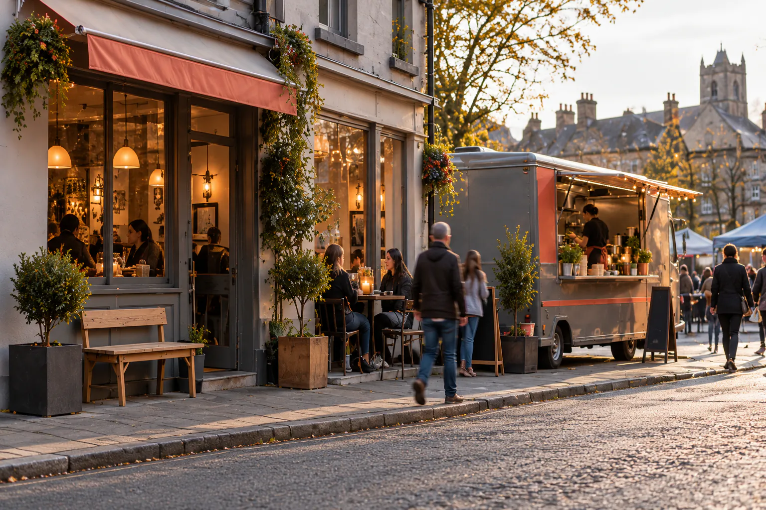 A food truck parked outside a café on the same street